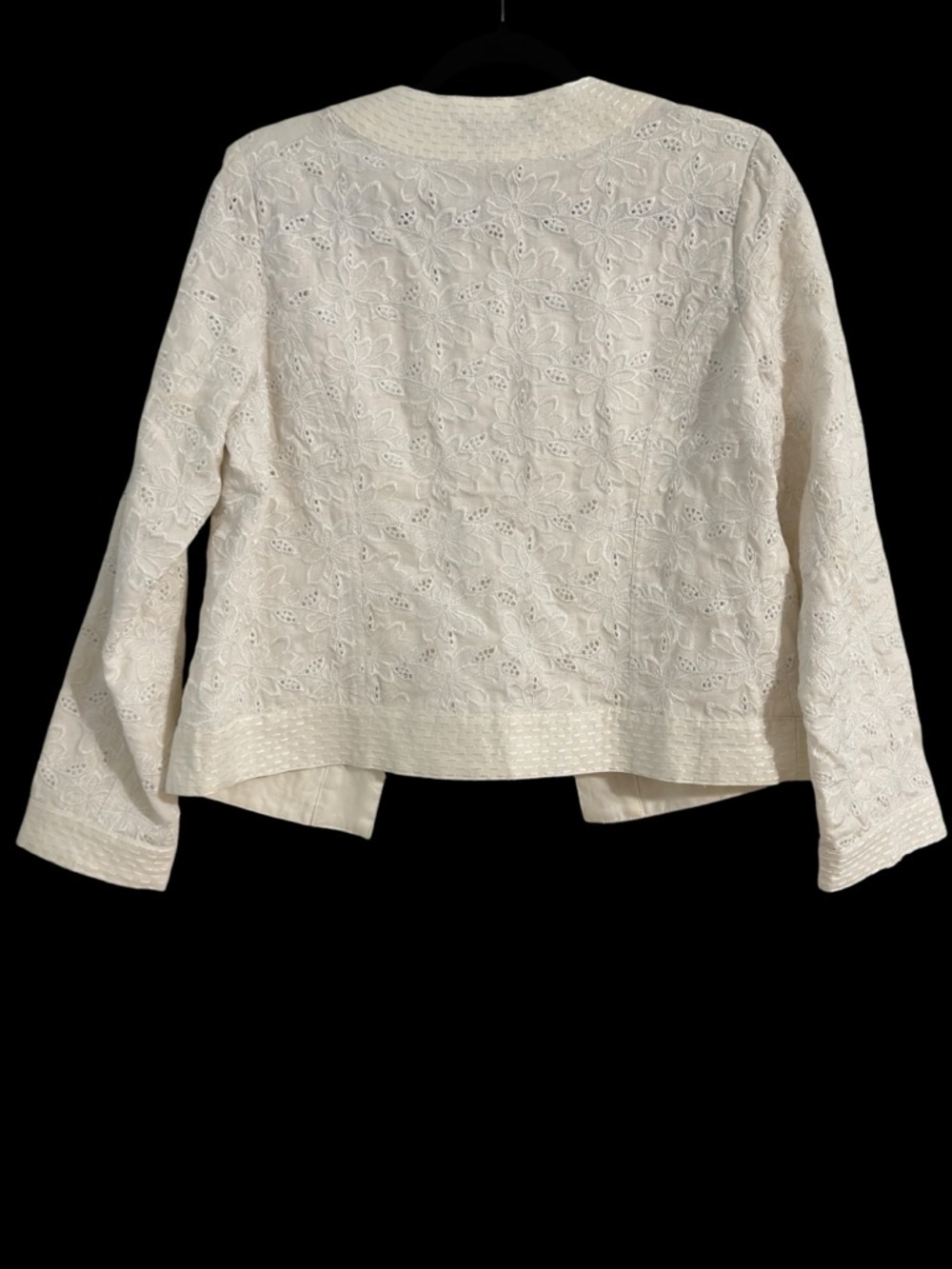 Carole Little Ivory Linen Embroidered Jacket S Open Front Floral Eyelet Blazer - Picture 5 of 10